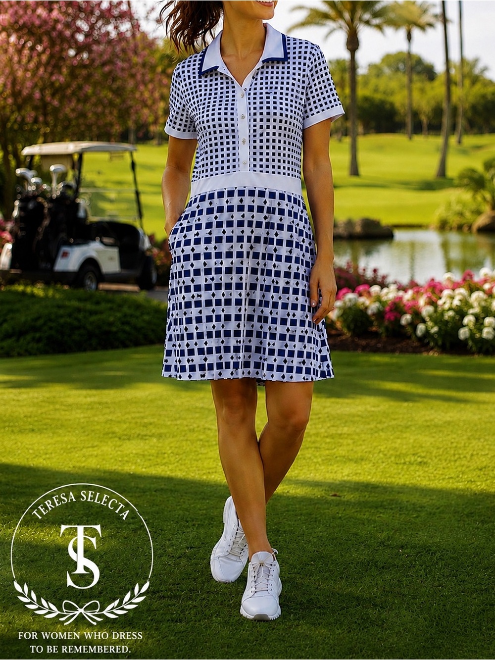 NWT ACEGOLFS Golf Dress UPF 50+ Moisture Wicking Blue White Collared L